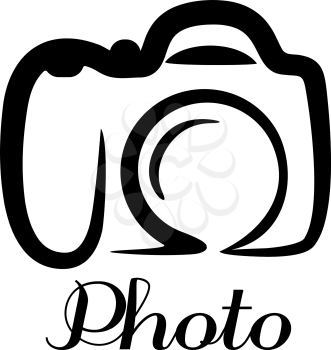 Photo camera poster or emblem with a black and white stylized doodle sketch of a digital camera with the word - Photo - below
