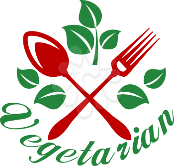 Red colored fork and spoon representing restaurant sign with green colored leaves and text Vegetarian in the below isolated over white background suitable for food and drink industry