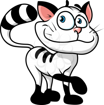 Cute black and white striped cartoon cat with a big smile and blue eyes, isolated on white