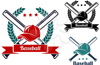 Baseball symbols with laurel wreath, crossed bats and caps for sports design