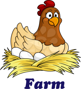 Farm emblem with a cute hen sitting on her eggs on a bed of straw with the text - Farm - below, cartoon style
