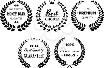 Set of retail related premium and best laurel wreaths labels or emblems with Money Back, Best Choice, Premium Quality, Guaranteed and Premium product