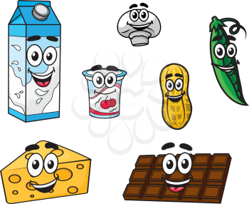 Set of colorful cartoon food characters with a carton of milk, chocolate, cheese, yoghurt, pea, mushroom and peanut