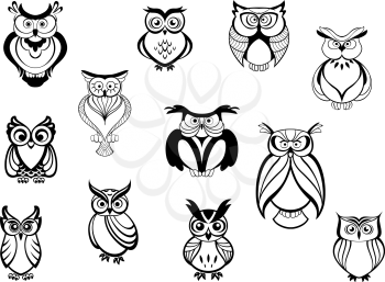 Cute owls and owlets set isolated on white background in cartoon style, for tattoo, wildlife and mascot design