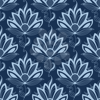 Blue floral seamless pattern in paisley indian or persian style, on dark blue colored background. Suitable for wallpaper and textile design