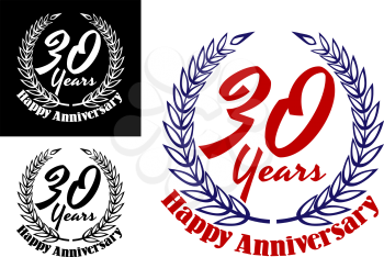 30 years Happy anniversary emblem or logo with laurel wreath, black, white and multicolor isolated on background for jubilee celebration design