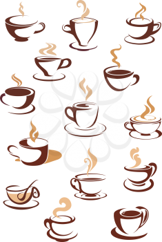 Hot brown coffee cup  icons set  with steam and saucer for cafe or restaurant menu design