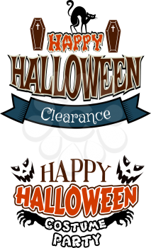 Two Halloween vector poster designs for a party and sale with text Happy Halloween, Clearance and Happy Halloween Costume Party with coffins, cats, skeletal hands and ghosts