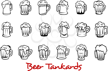 Outline pint tankards set of frothy beer isolated on white background, suitable for pub, Oktoberfest and bar design 