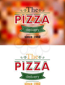 Delivery since 1982 retro pizza label or banner on colored and white background for cafe, restaurant or fast food menu design