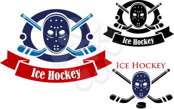 Ice hockey symbols set with puck, goalkeeper mask, ribbon banner and sticks isolated on white background for sporting design     