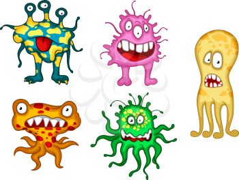 Cartoon funny fluid alien monsters with tentacles, teeth and goofy expression for Halloween design