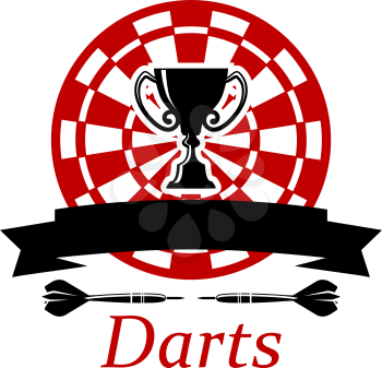 Darts emblem with banner, dartboard, darts and trophy prize cup for sport and leisure design