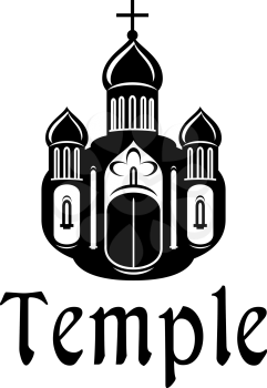 Black and white silhouette temple or church icon with the front facade with three onion domes, windows and the text,  suitable for religious and christianity design