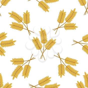 Seamless background pattern of golden cartoon barley or wheat ears arranged in bunches of three in square format , vector illustration on white