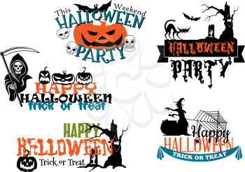 Happy Halloween posters and banners for holiday design with pumpkins, witch, tombstones, cemetery, bats and death skull