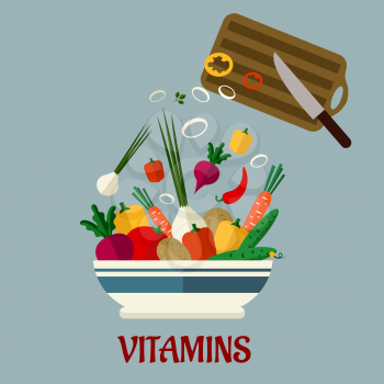 Cooking salad flat infographic design with a wooden chopping board and healthy fresh colorful vegetables in a bowl, text below Vitamins