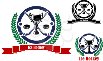Ice Hockey emblems with crossed sticks, trophies, wreaths in circular frames with text Ice Hockey