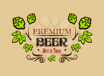 Premium beer banner or emblem with swirles, hop and malt for brewery design