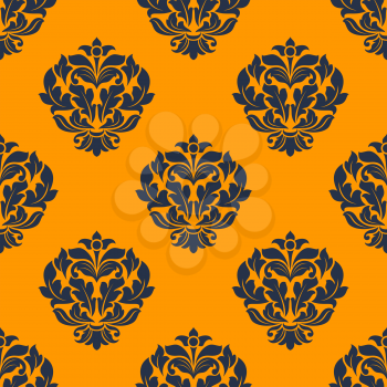 indigo colored  decorative floral  seamless pattern in victorian damask style motifs on dark orange colored background in square format for wallpaper, tiles and fabric art design