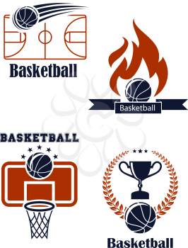 Basketball sport symbols with basketball balls empty field, basket board fire trophy cup and laurel wreath for sporting design