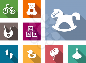 Kid stuff flat icons set with bicycle, bear, toy, bib, horse-rocking, footprint, duck, balloons, pinwheel