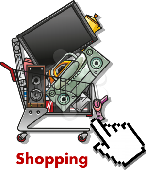 Shopping cart symbol with cursor and full shopping cart with household appliances, for business, web and internet design