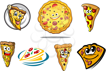 Colorful cartoon pizza characters and icons with whole pizza, various slices with happy smiling faces and a stylized doodle sketch slice on a plate, vector illustration