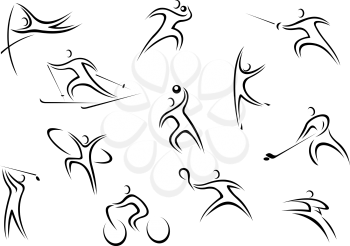 Stylized line drawing sporsman characters with people in action including high jump, skiing, golf, cycling, tennis, and sword fighting
