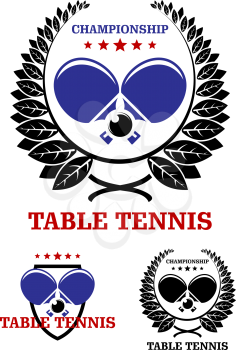 Table tennis emblems with ping pong ball, racket, laurel wreaths and text Table Tennis Championship, suitable for sports, recreation or logo design