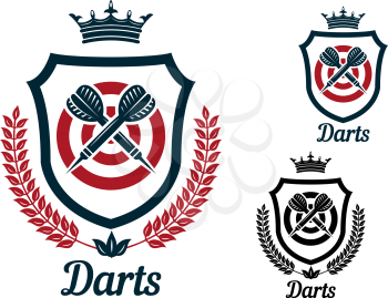 Darts emblems or signs set with dartboard, crown, heraldic shield, arrows, laurel wreath, crown and text  Darts, for sport and recreation logo design 