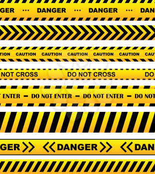Yellow security warning tapes set with text Caution, Do not cross, Do not enter, Danger. For web, criminal and law design