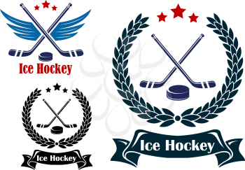 Ice Hockey sports emblems or badges with crossed sticks and a puck, one winged and two enclosed in a laurel wreath with ribbon banner