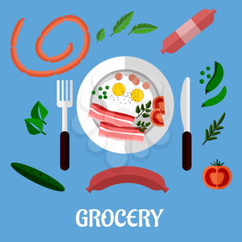 Cooked breakfast with fried eggs and bacon served on a plate with cutlery surrounded by assorted groceries and the word Grocery. Flat design