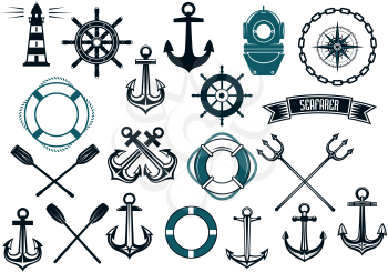 Nautical themed design elements with lighthouse, rope, anchor, paddle, life buoy, trident, steering wheel and diving helmet
