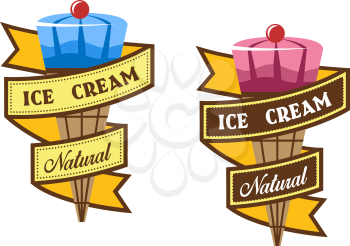 Cone ice cream labels or emblems with banner and signs, for dessert and dairy products design