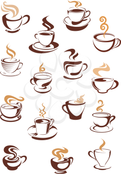 Hot steaming coffee cups beige and brown colored isolated on white background for beverage and cafe menu design