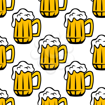 Glass pint tankards of golden frothy beer seamless pattern for pub, oktoberfest and restaurant