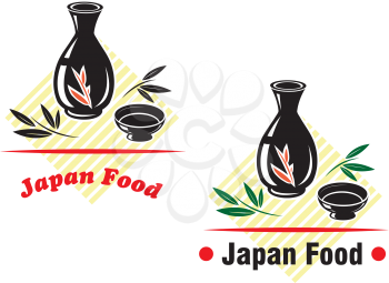 Japan food cuisine emblem pitcher and sake bowl isolated on white background for gourmet cooking, gastronomy and restaurant menu design