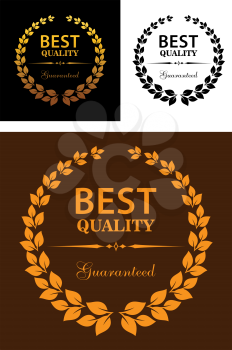 Best Quality Guaranteed labels with central text in a round foliate laurel wreath in three different color variations
