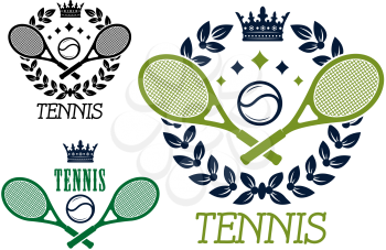 Tennis championship emblems or badges with crossed rackets and a ball inside a laurel wreath topped by a crown in two color variants with a third design without the wreath