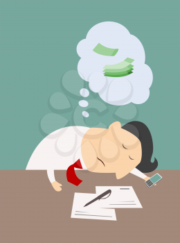 Exhausted businessman asleep at his desk with a thought bubble showing money dream, cartoon vector illustration