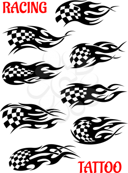 Set of motor racing vector tattoos of black and white checkered flags flying in the wind or with trails depicting motion and speed