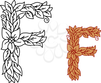 Uppercase letter F in a floral design with flowers and entwined leaves for organic, bio or eco concepts, black and white and in brown, vector illustration isolated on white