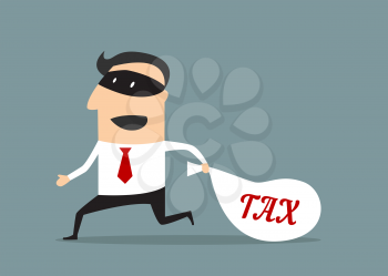 Businessman or manager in mask stealing tax money bag. Cartoon flat vector concept