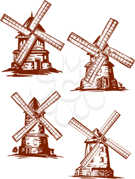 Hand-drawn vector windmills in vintage style in brown and white showing old stone windmills with sails for harnessing wind energy