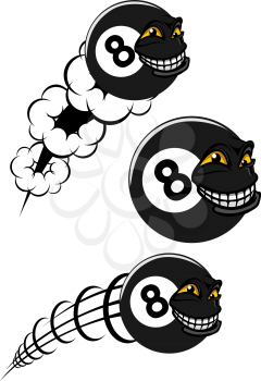 Victorious number 8 billiard ball icons flying with a grinning faces, two speeding through the air with motion trails, black and white vector illustration