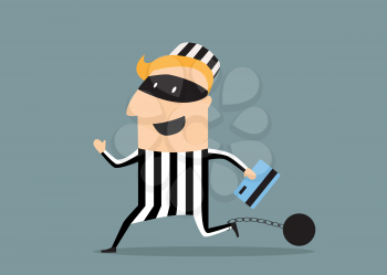 Thief with credit card runs on freedom. Vector cartoon illustration