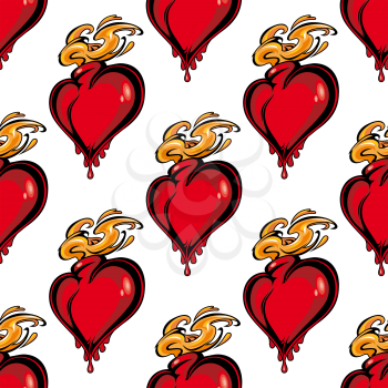 Seamless pattern of a repeat motif of a red flaming melting heart in square format symbolizing love and passion