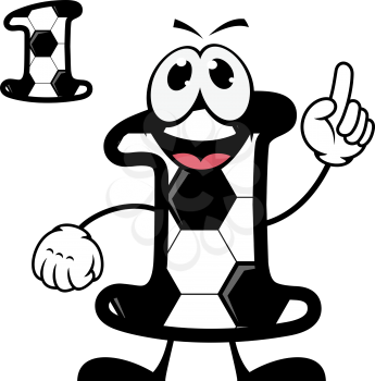 Cute number 1 with a black and white pentagonal pattern resembling a football or soccer with a happy face waving at the viewer with a second plain variant, cartoon illustration on white